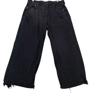 American Eagle Outfitters Sz 14 Loose Fit Baggy Wide Leg Black Flare Jeans Fray